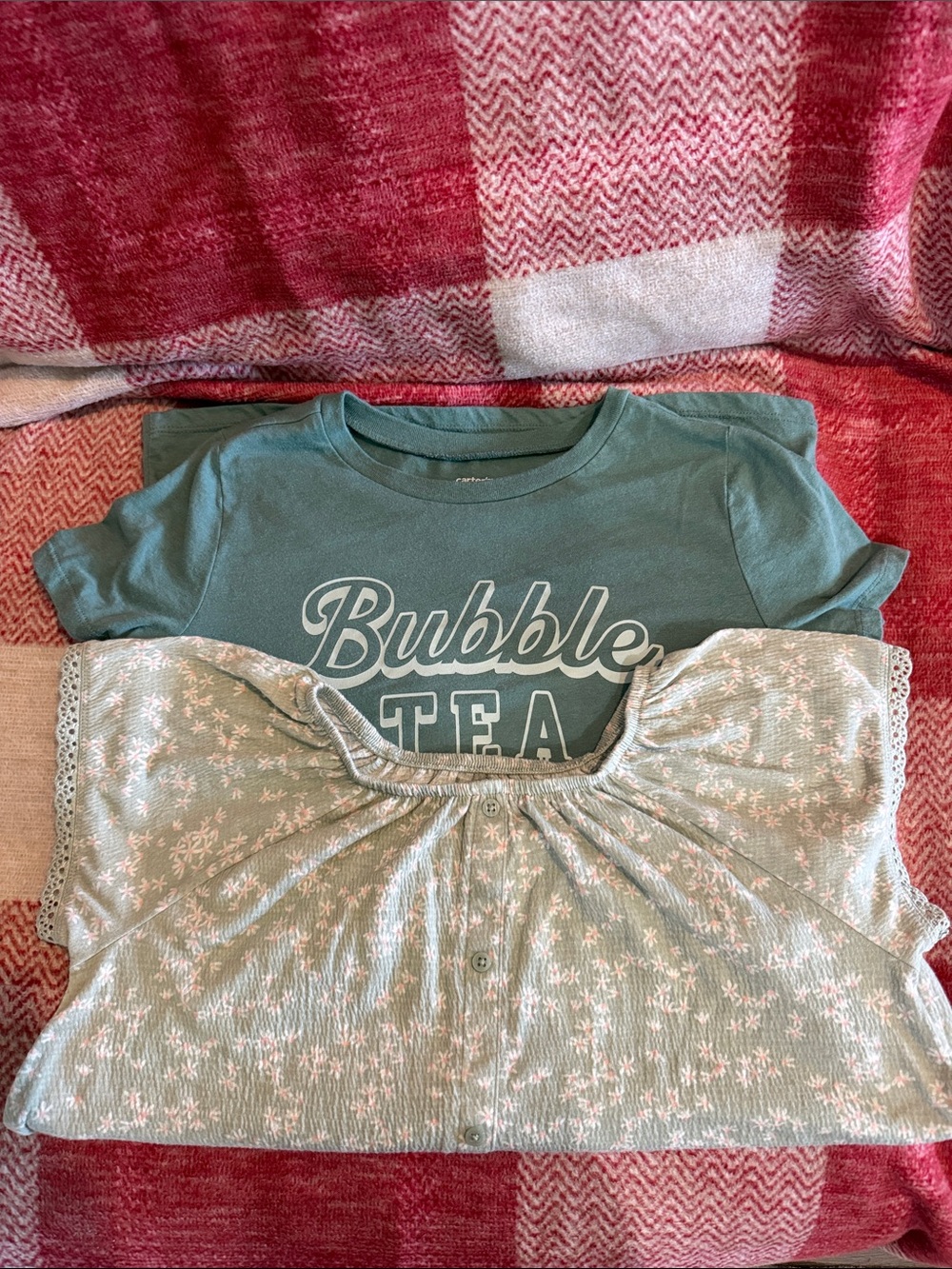 Bubble Tea Graphic Tee & Light Floral Blouse - Sage Green
